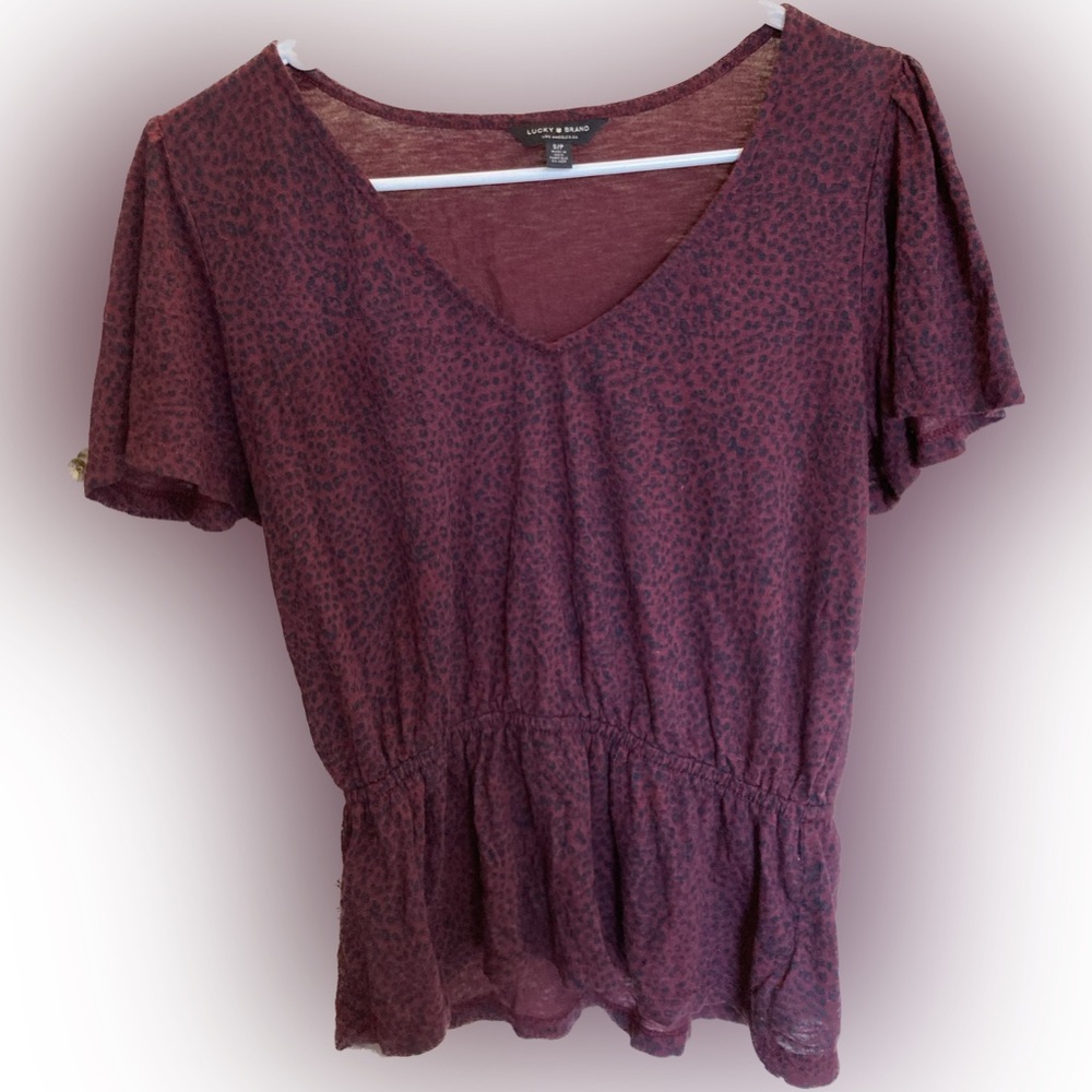 Lucky Brand Elastic Waist Top Maroon Leopard Print Small